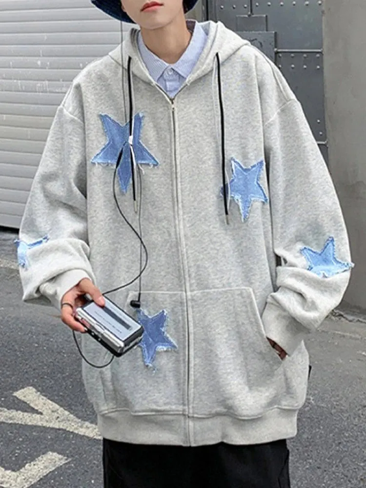 Emo Star Patch Oversized Zip-Up Hoodie – Y2K Vintage Streetwear