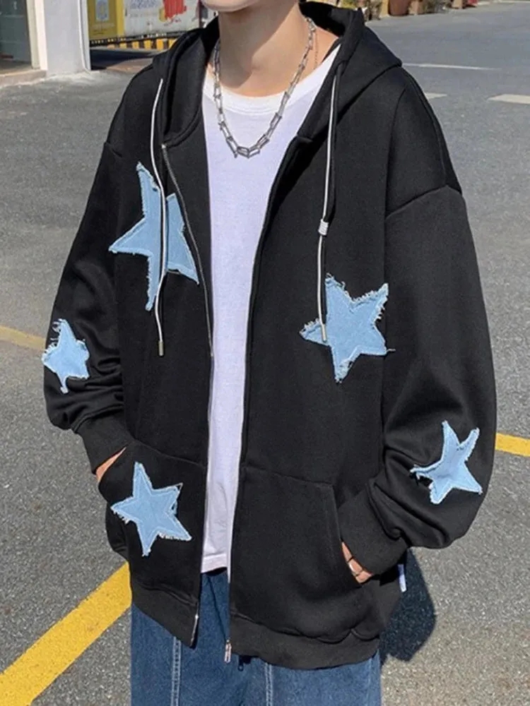 Emo Star Patch Oversized Zip-Up Hoodie – Y2K Vintage Streetwear