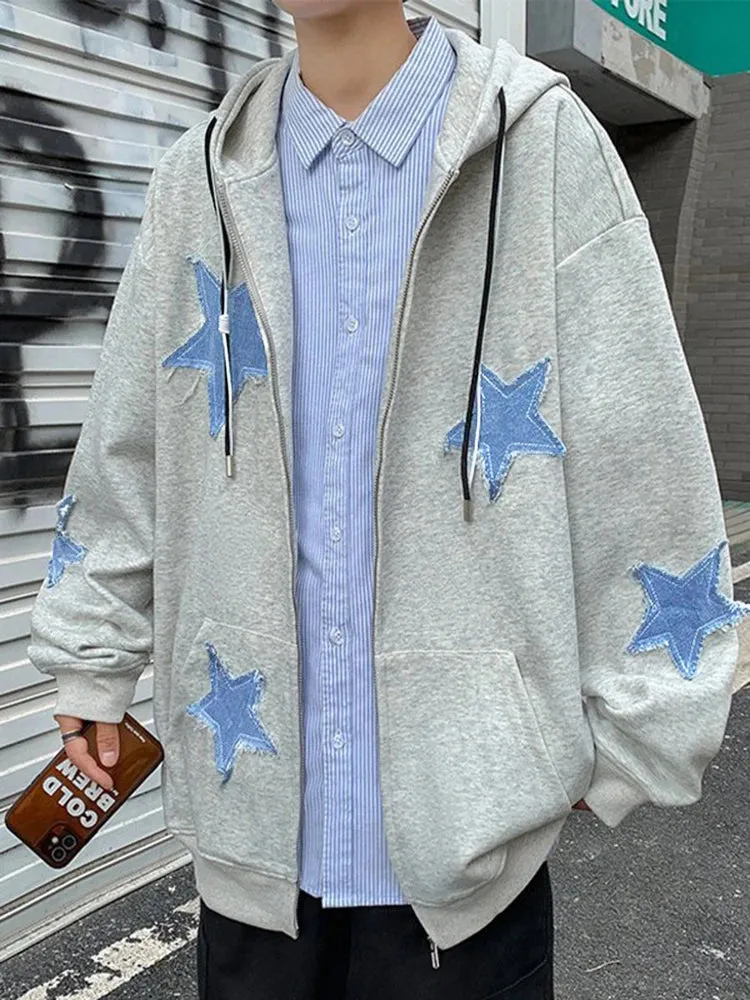 Emo Star Patch Oversized Zip-Up Hoodie – Y2K Vintage Streetwear