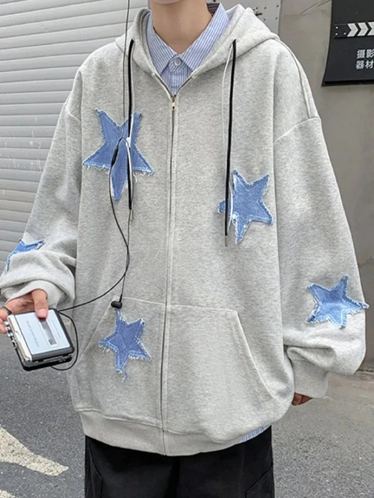 Emo Star Patch Oversized Zip-Up Hoodie – Y2K Vintage Streetwear