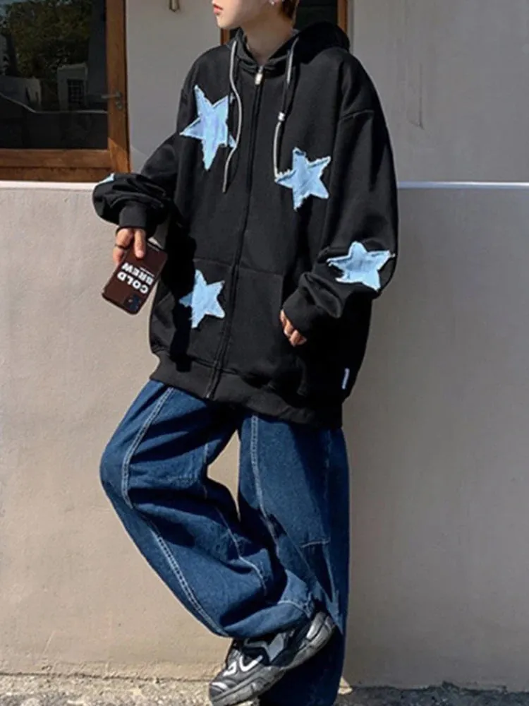 Emo Star Patch Oversized Zip-Up Hoodie – Y2K Vintage Streetwear