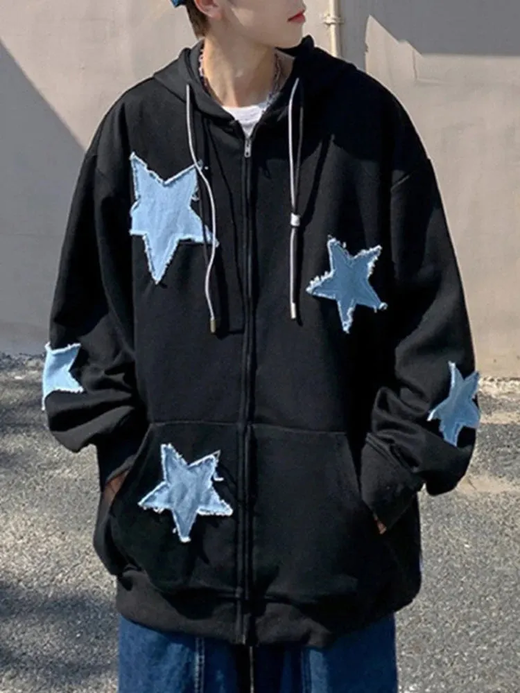 Emo Star Patch Oversized Zip-Up Hoodie – Y2K Vintage Streetwear
