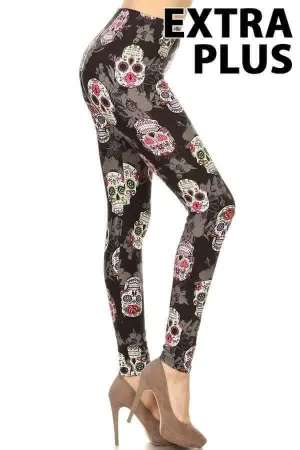 Extra Plus Grey Floral & Sugar Skull Print Leggings