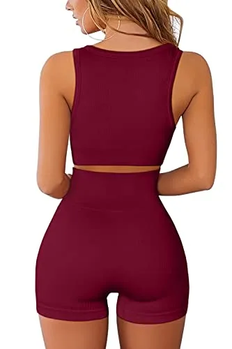 FAFOFA Active Wear Outfits for Women 2 Piece Sets Athletic Seamless Leggings and Ribbed Sport Bra Sets Wine M