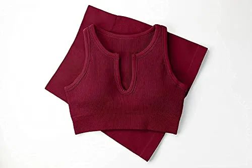 FAFOFA Active Wear Outfits for Women 2 Piece Sets Athletic Seamless Leggings and Ribbed Sport Bra Sets Wine M