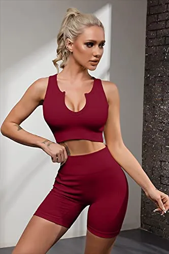 FAFOFA Active Wear Outfits for Women 2 Piece Sets Athletic Seamless Leggings and Ribbed Sport Bra Sets Wine M