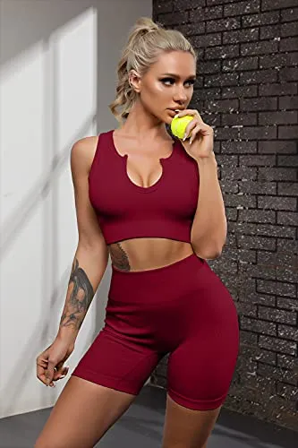 FAFOFA Active Wear Outfits for Women 2 Piece Sets Athletic Seamless Leggings and Ribbed Sport Bra Sets Wine M