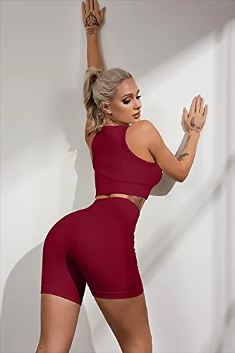 FAFOFA Active Wear Outfits for Women 2 Piece Sets Athletic Seamless Leggings and Ribbed Sport Bra Sets Wine M