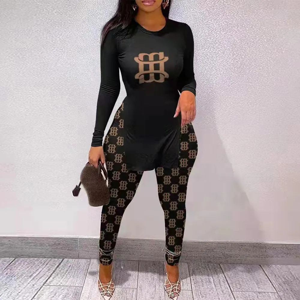 Fall Women Two Piece Sets Outfits Casual Print Side Slit Top And Skinny Pants Tracksuits Fashion Streetwear 2pcs Suits