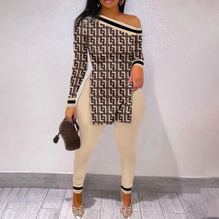 Fall Women Two Piece Sets Outfits Casual Print Side Slit Top And Skinny Pants Tracksuits Fashion Streetwear 2pcs Suits