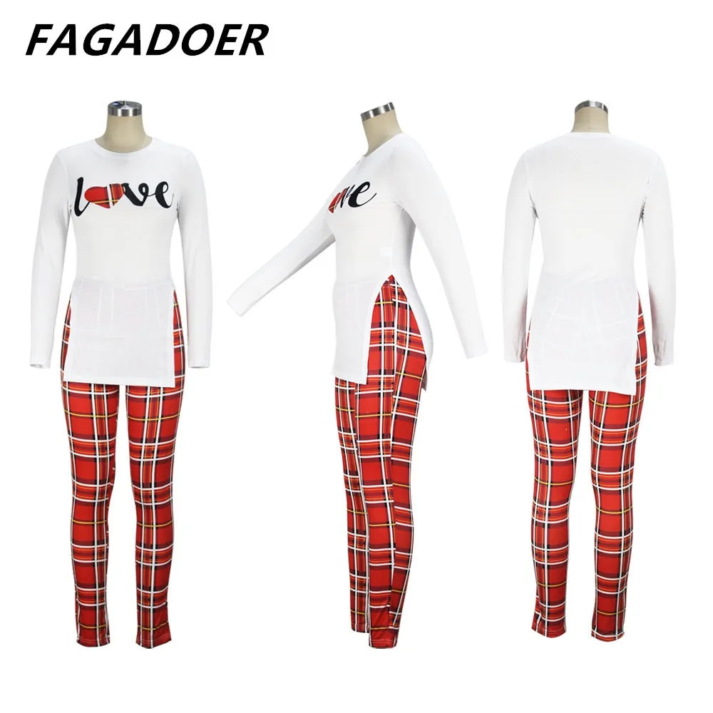 Fall Women Two Piece Sets Outfits Casual Print Side Slit Top And Skinny Pants Tracksuits Fashion Streetwear 2pcs Suits