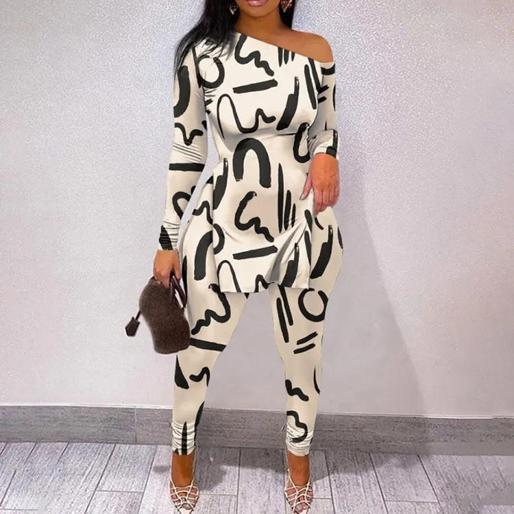 Fall Women Two Piece Sets Outfits Casual Print Side Slit Top And Skinny Pants Tracksuits Fashion Streetwear 2pcs Suits