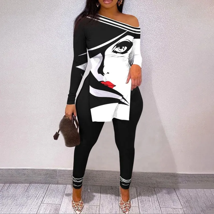 Fall Women Two Piece Sets Outfits Casual Print Side Slit Top And Skinny Pants Tracksuits Fashion Streetwear 2pcs Suits
