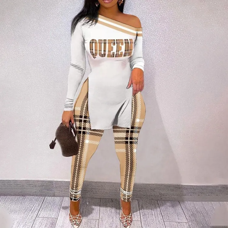 Fall Women Two Piece Sets Outfits Casual Print Side Slit Top And Skinny Pants Tracksuits Fashion Streetwear 2pcs Suits