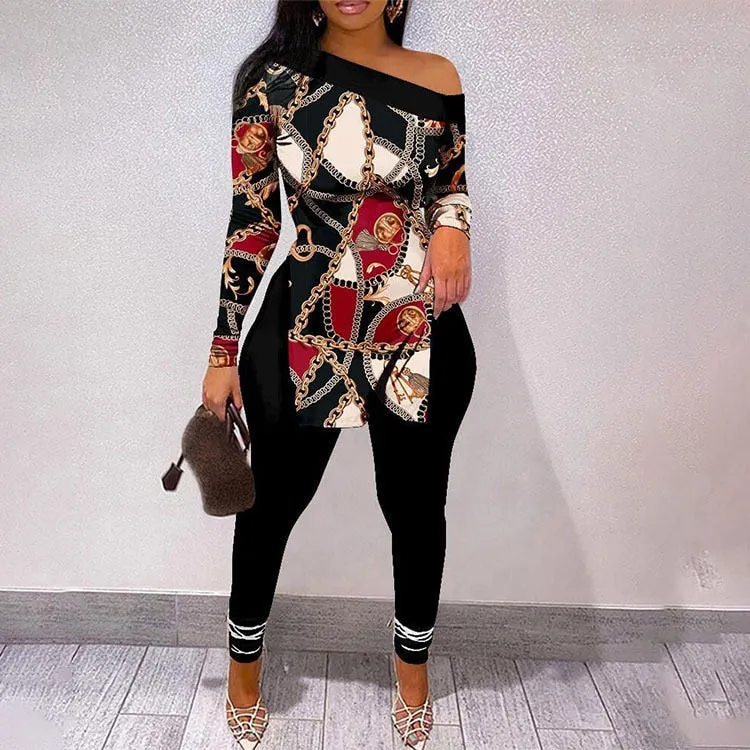 Fall Women Two Piece Sets Outfits Casual Print Side Slit Top And Skinny Pants Tracksuits Fashion Streetwear 2pcs Suits