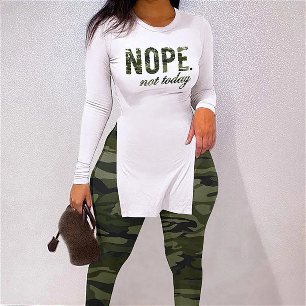 Fall Women Two Piece Sets Outfits Casual Print Side Slit Top And Skinny Pants Tracksuits Fashion Streetwear 2pcs Suits
