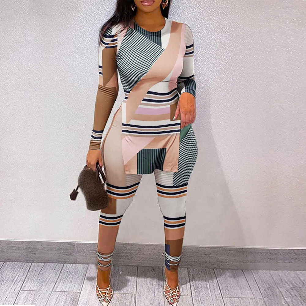 Fall Women Two Piece Sets Outfits Casual Print Side Slit Top And Skinny Pants Tracksuits Fashion Streetwear 2pcs Suits