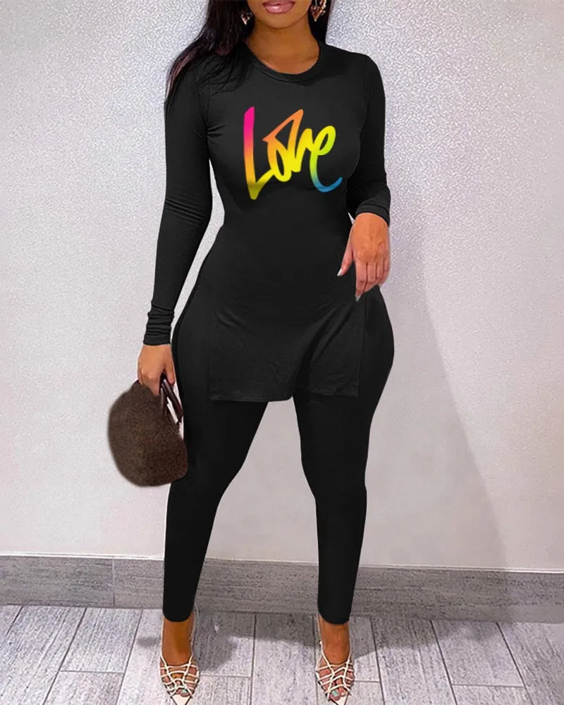 Fall Women Two Piece Sets Outfits Casual Print Side Slit Top And Skinny Pants Tracksuits Fashion Streetwear 2pcs Suits