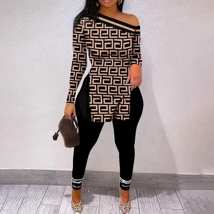 Fall Women Two Piece Sets Outfits Casual Print Side Slit Top And Skinny Pants Tracksuits Fashion Streetwear 2pcs Suits