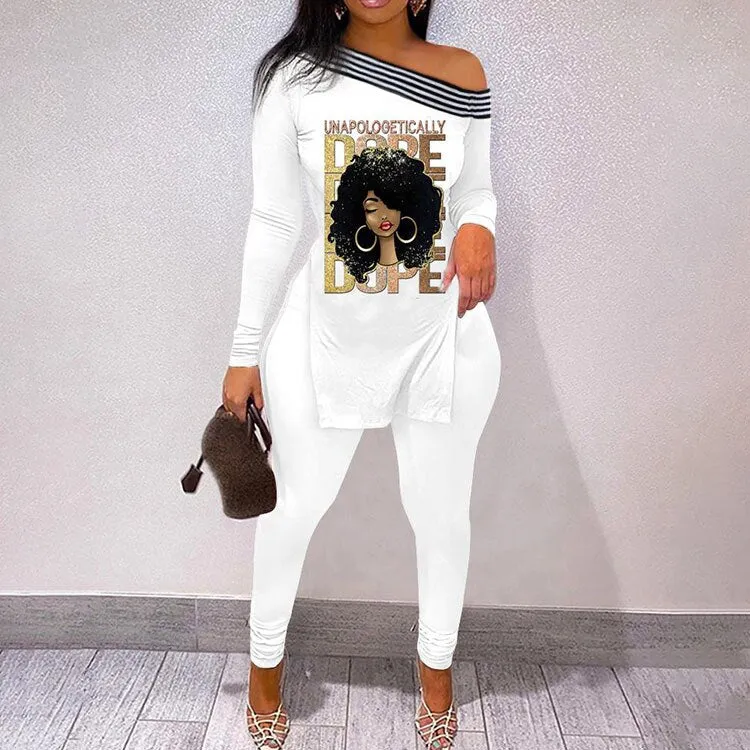 Fall Women Two Piece Sets Outfits Casual Print Side Slit Top And Skinny Pants Tracksuits Fashion Streetwear 2pcs Suits