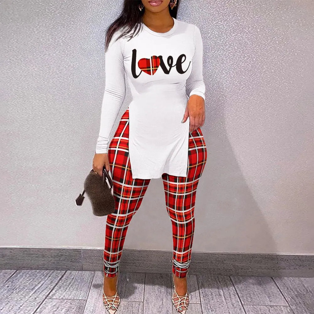 Fall Women Two Piece Sets Outfits Casual Print Side Slit Top And Skinny Pants Tracksuits Fashion Streetwear 2pcs Suits