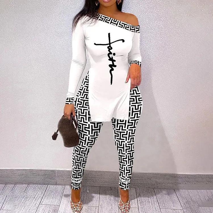 Fall Women Two Piece Sets Outfits Casual Print Side Slit Top And Skinny Pants Tracksuits Fashion Streetwear 2pcs Suits
