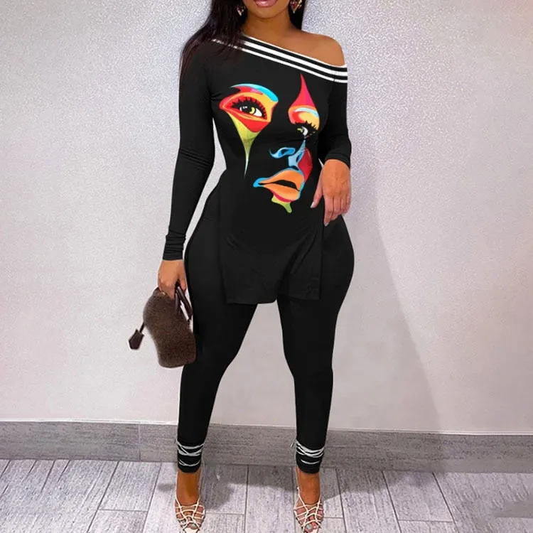 Fall Women Two Piece Sets Outfits Casual Print Side Slit Top And Skinny Pants Tracksuits Fashion Streetwear 2pcs Suits
