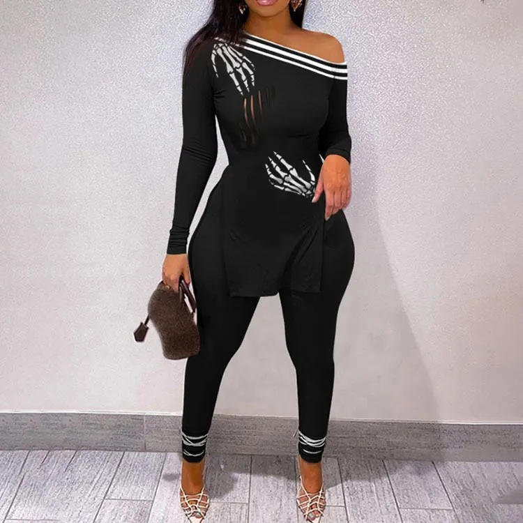 Fall Women Two Piece Sets Outfits Casual Print Side Slit Top And Skinny Pants Tracksuits Fashion Streetwear 2pcs Suits