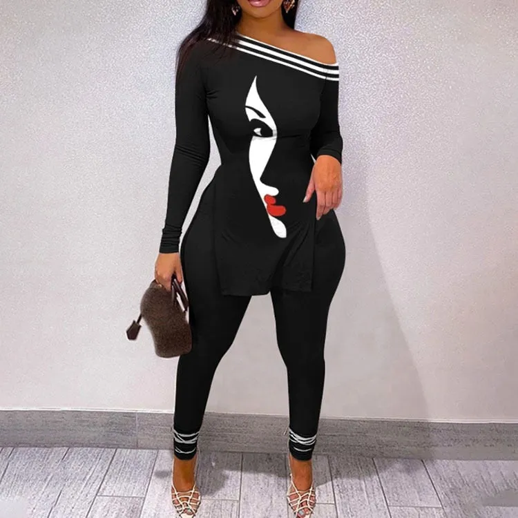 Fall Women Two Piece Sets Outfits Casual Print Side Slit Top And Skinny Pants Tracksuits Fashion Streetwear 2pcs Suits