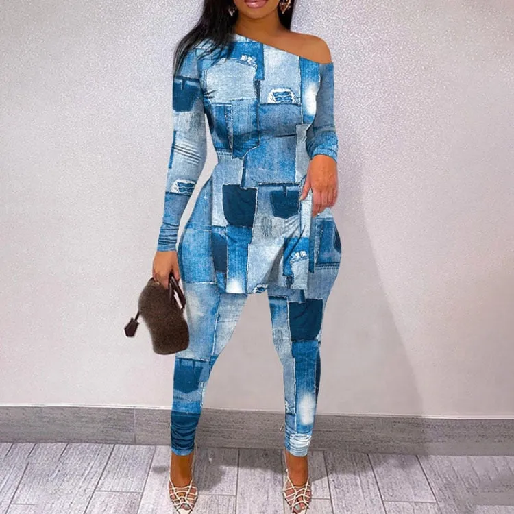 Fall Women Two Piece Sets Outfits Casual Print Side Slit Top And Skinny Pants Tracksuits Fashion Streetwear 2pcs Suits