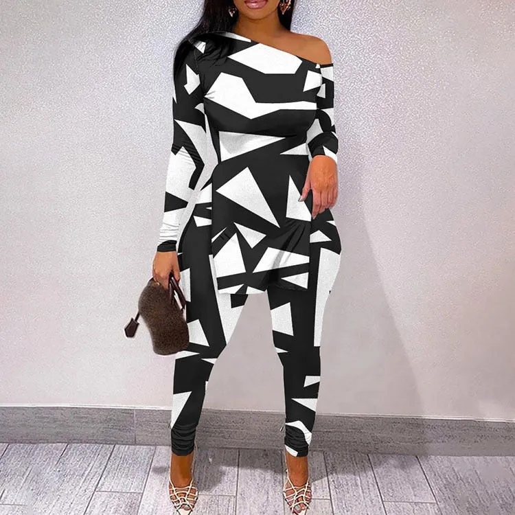 Fall Women Two Piece Sets Outfits Casual Print Side Slit Top And Skinny Pants Tracksuits Fashion Streetwear 2pcs Suits