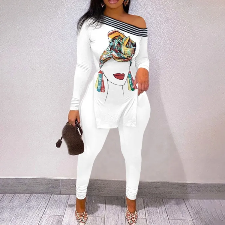 Fall Women Two Piece Sets Outfits Casual Print Side Slit Top And Skinny Pants Tracksuits Fashion Streetwear 2pcs Suits