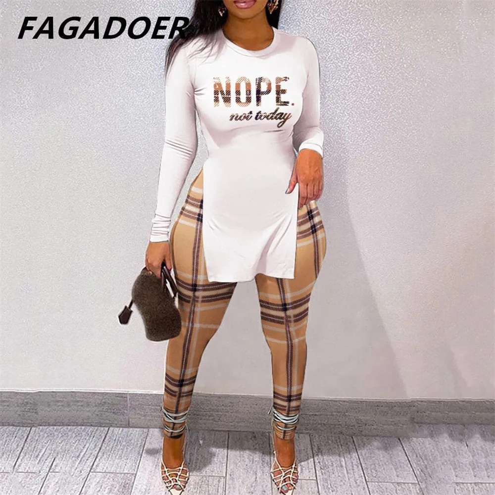 Fall Women Two Piece Sets Outfits Casual Print Side Slit Top And Skinny Pants Tracksuits Fashion Streetwear 2pcs Suits