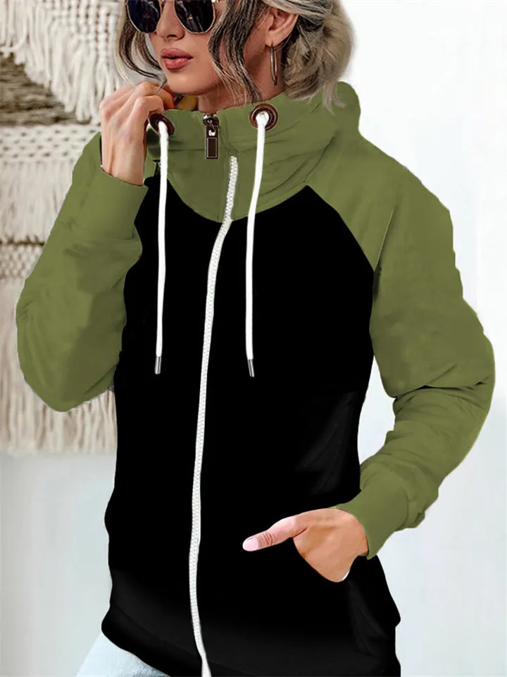 Fashion Colorblock Zip Up Drawstring Sweatshirt For Women