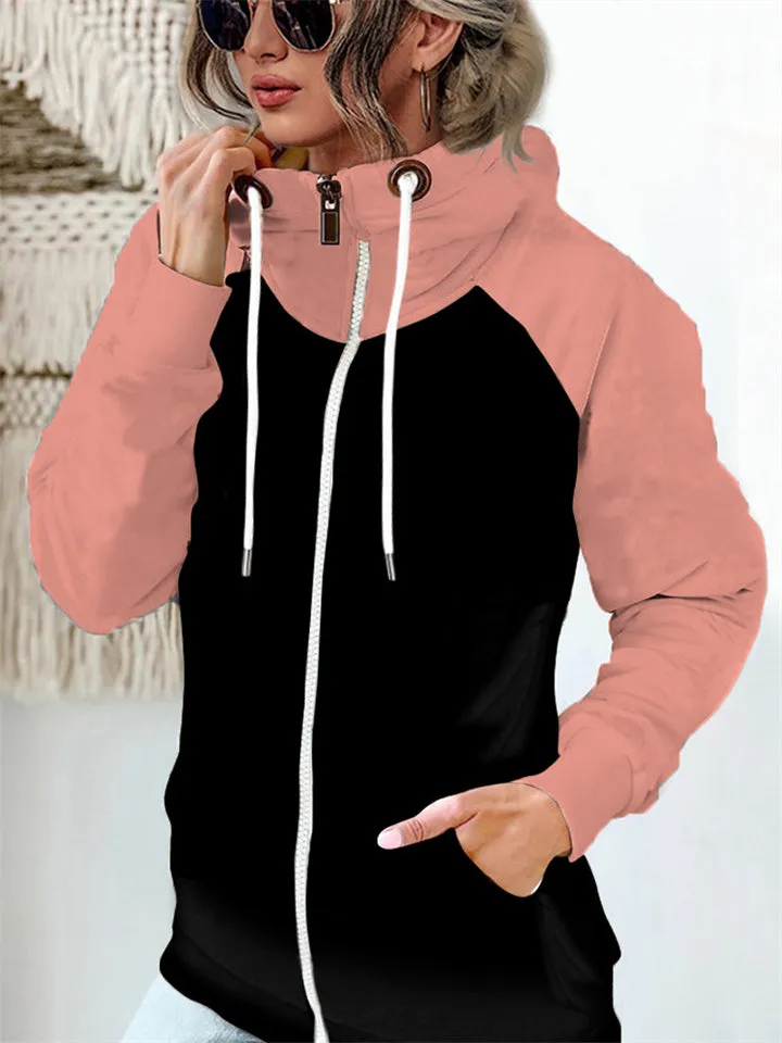 Fashion Colorblock Zip Up Drawstring Sweatshirt For Women
