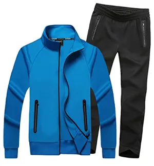 FAXIKIO HORZEE Men's Exercise Kits Athletic Tracksuit Full-Zip Jogger Sports Set Casual Sweat Suit Jacket&Pants-15 Piece Blue, XX-Large