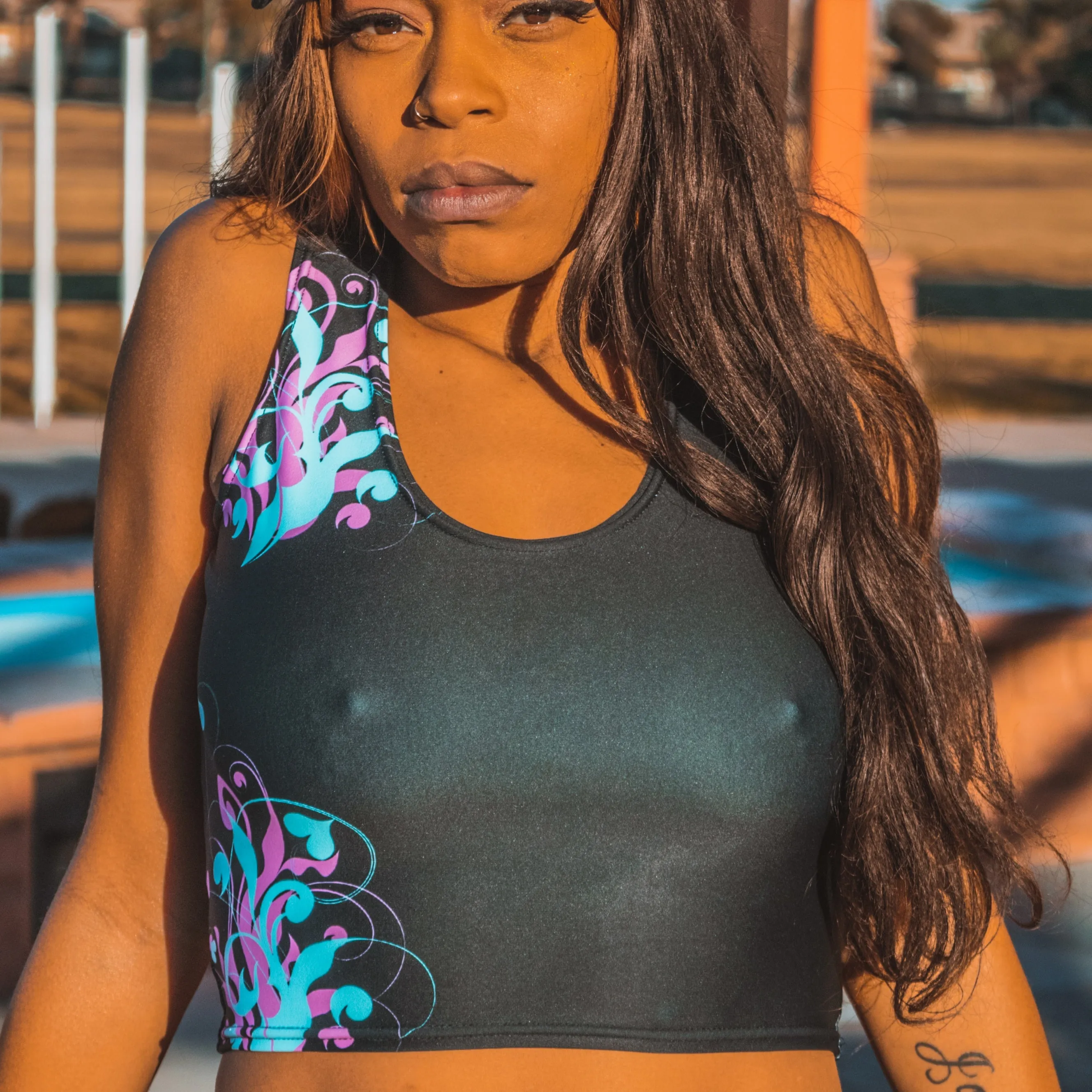 Firey Love Fitted Crop Top - Pink & Blue
