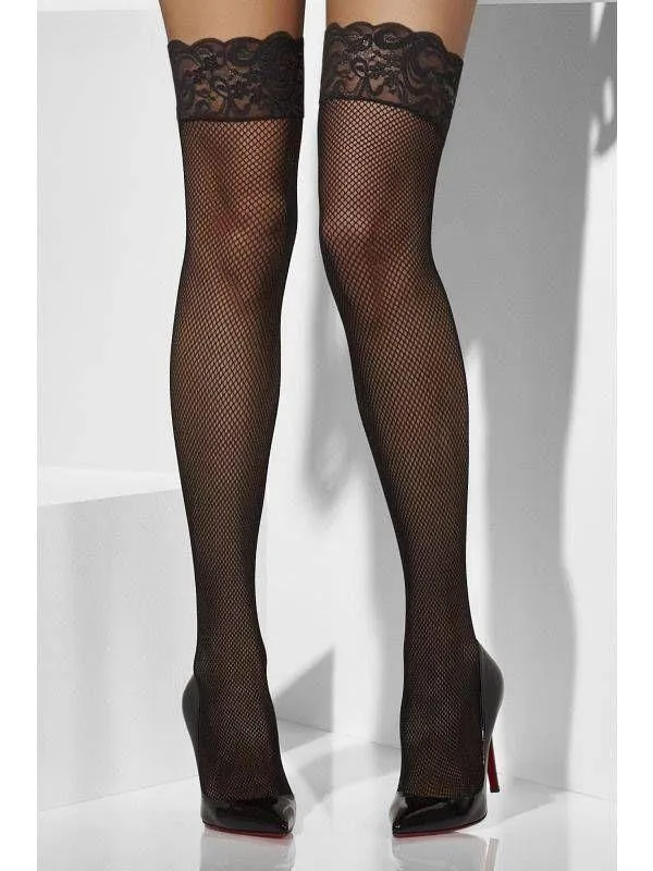 Fishnet Hold Ups with Lace Tops & Silicone Bands - Black, Red, White