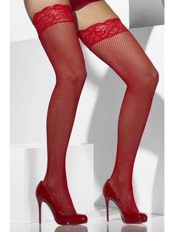 Fishnet Hold Ups with Lace Tops & Silicone Bands - Black, Red, White