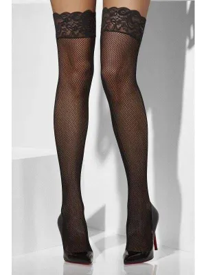 Fishnet Hold Ups with Lace Tops & Silicone Bands - Black, Red, White