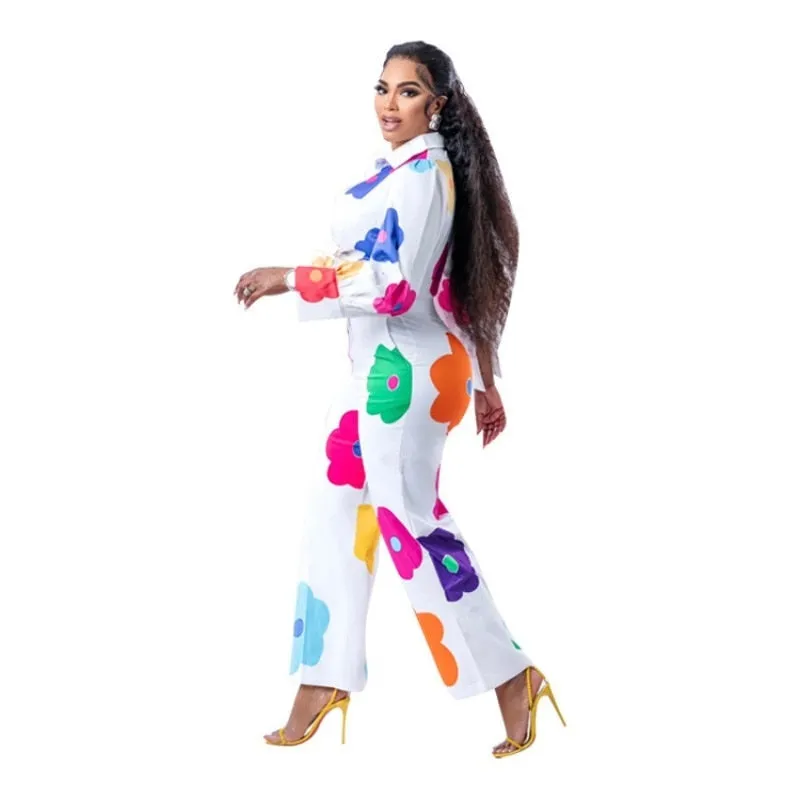 Flora Printed Women 2 Piece Set Elegant Button Up Blouse&shirts Wide Leg Pants Matching Set Autumn Office Lady Tracksuits