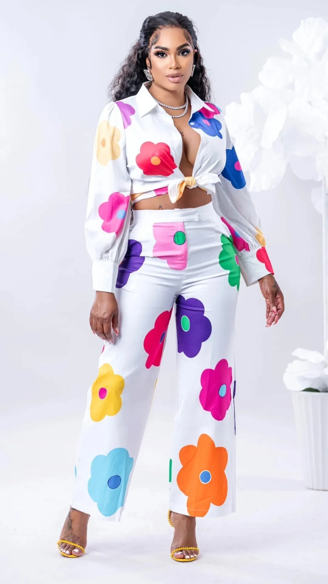 Flora Printed Women 2 Piece Set Elegant Button Up Blouse&shirts Wide Leg Pants Matching Set Autumn Office Lady Tracksuits