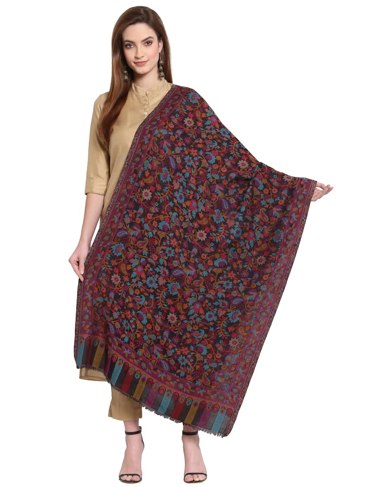 Floral Woven Design Wool Shawl