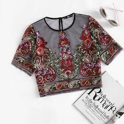 Flower Embroidery  Crop Top Women Top Sexy Vintage Blouse