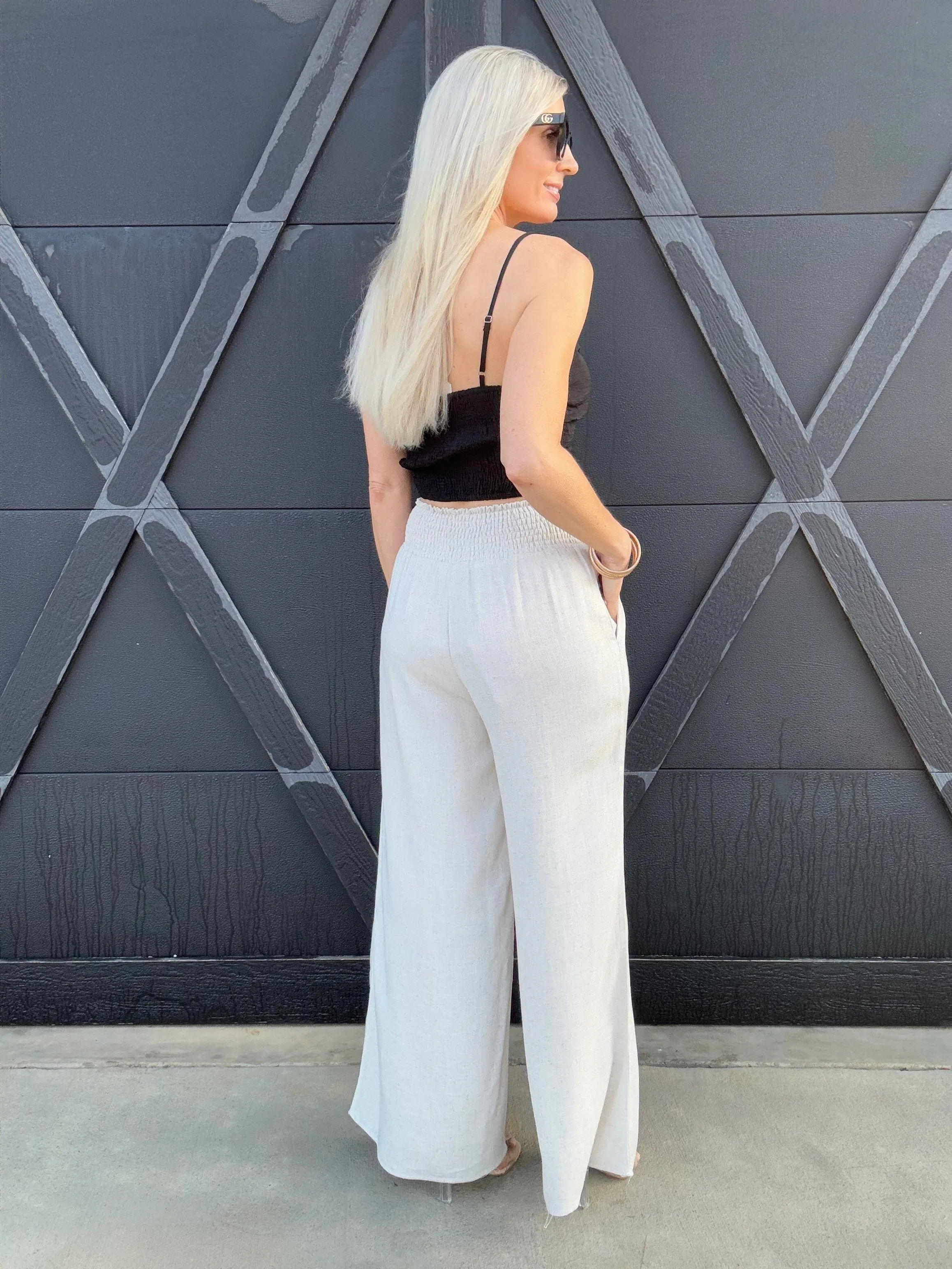 Flowy Straight Leg Tassel Pants In Oatmeal