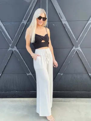 Flowy Straight Leg Tassel Pants In Oatmeal