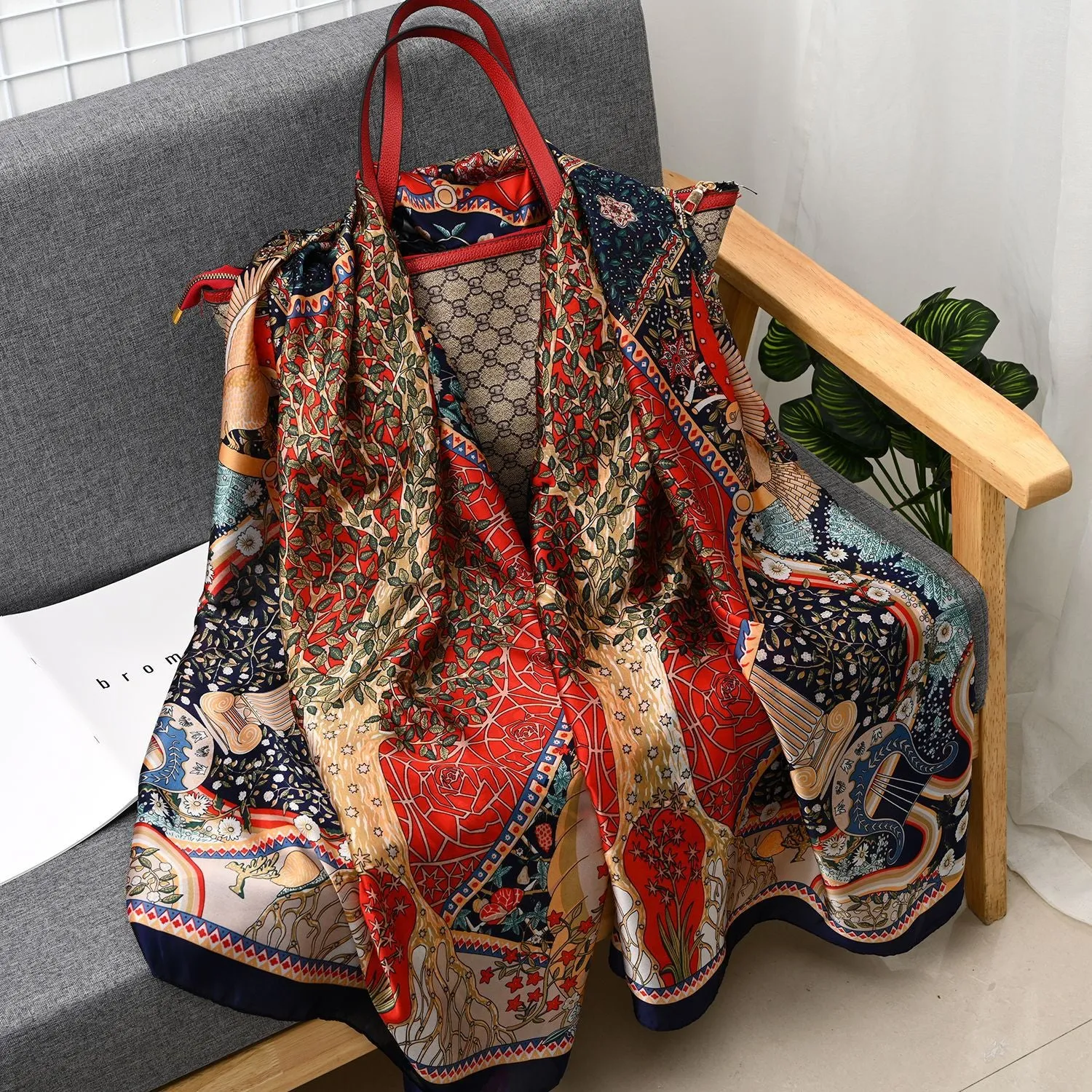 Fortune Tree Print Silky Satin Summer Scarf Wrap for Women