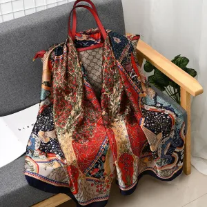 Fortune Tree Print Silky Satin Summer Scarf Wrap for Women