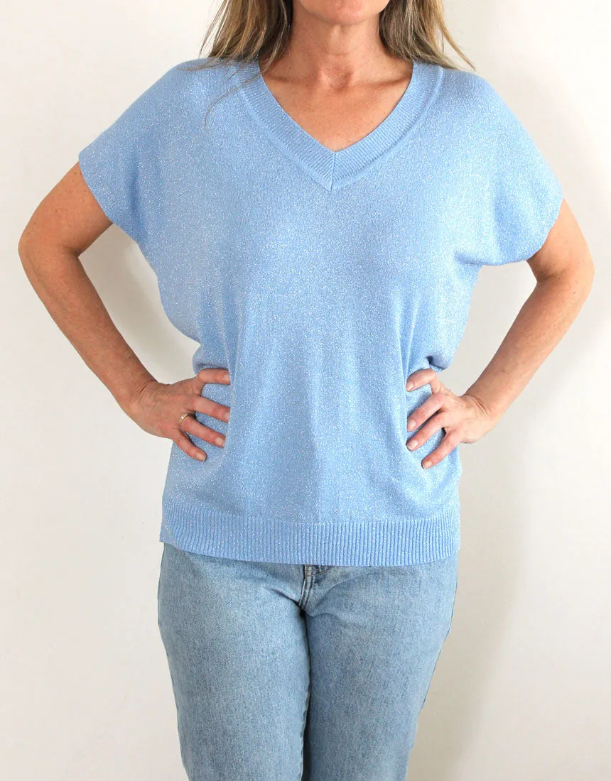 Frankies V-Neck Lurex Tee - Pale Blue