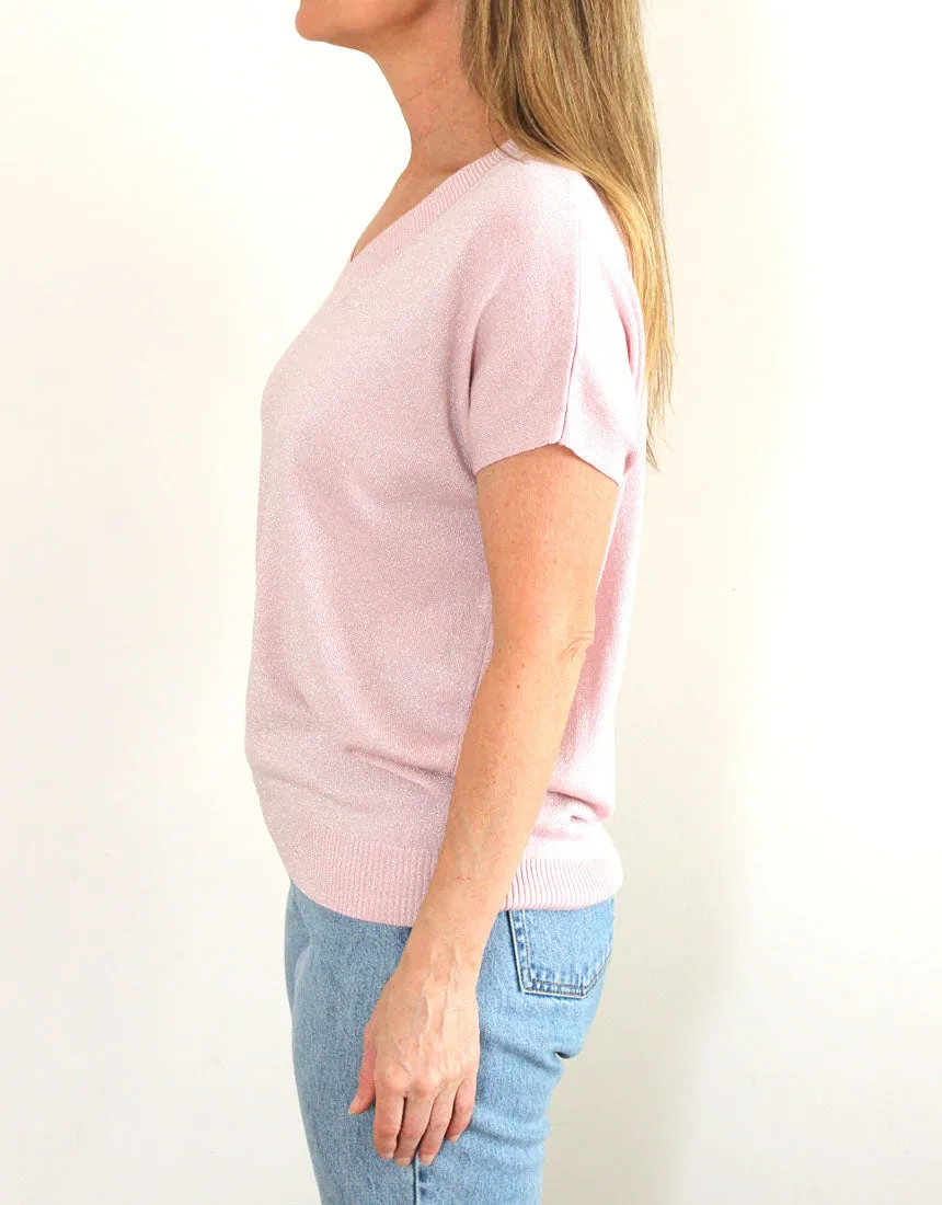 Frankies V-Neck Lurex Tee - Pale Pink